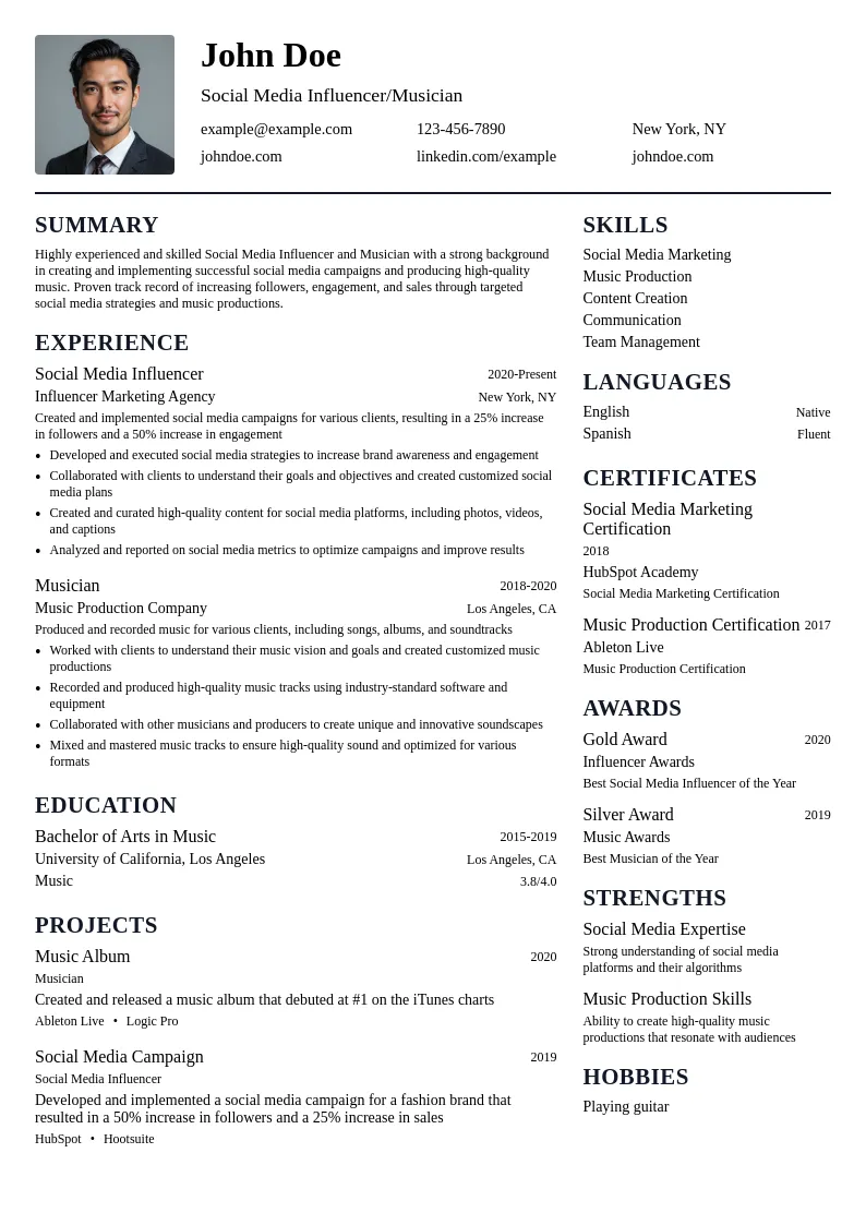 Social Media Influencer/Musician resume example