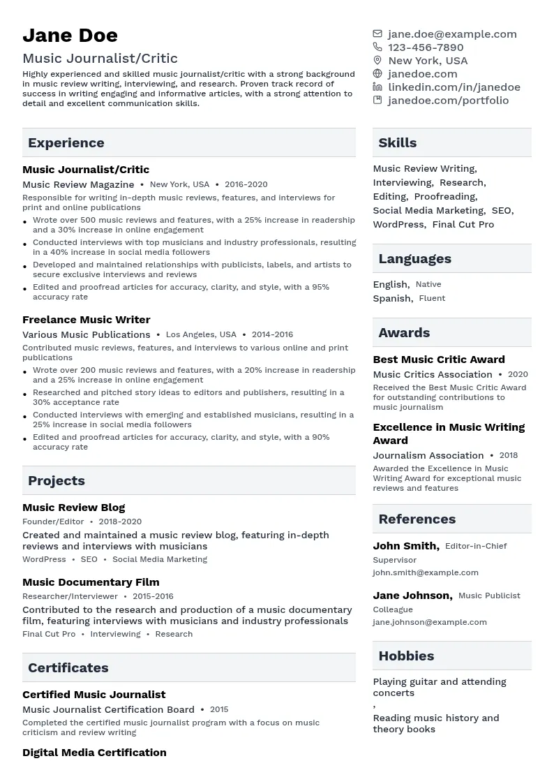 Music Journalist/Critic resume example