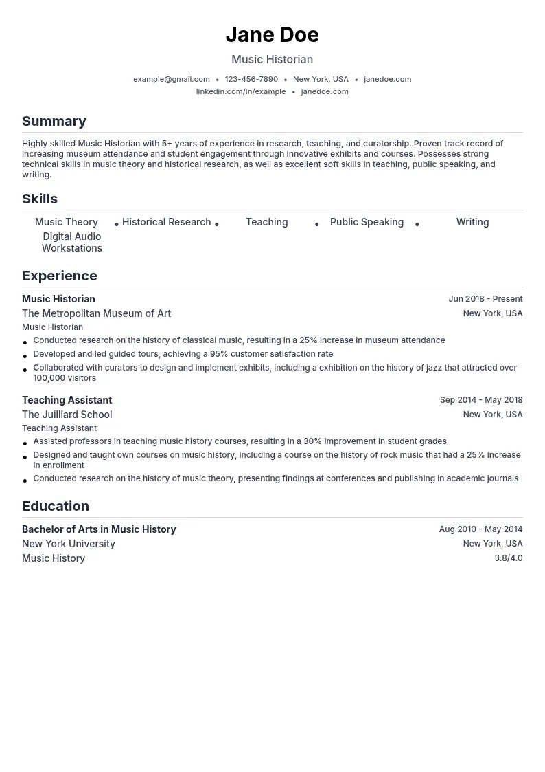 Music Historian resume example