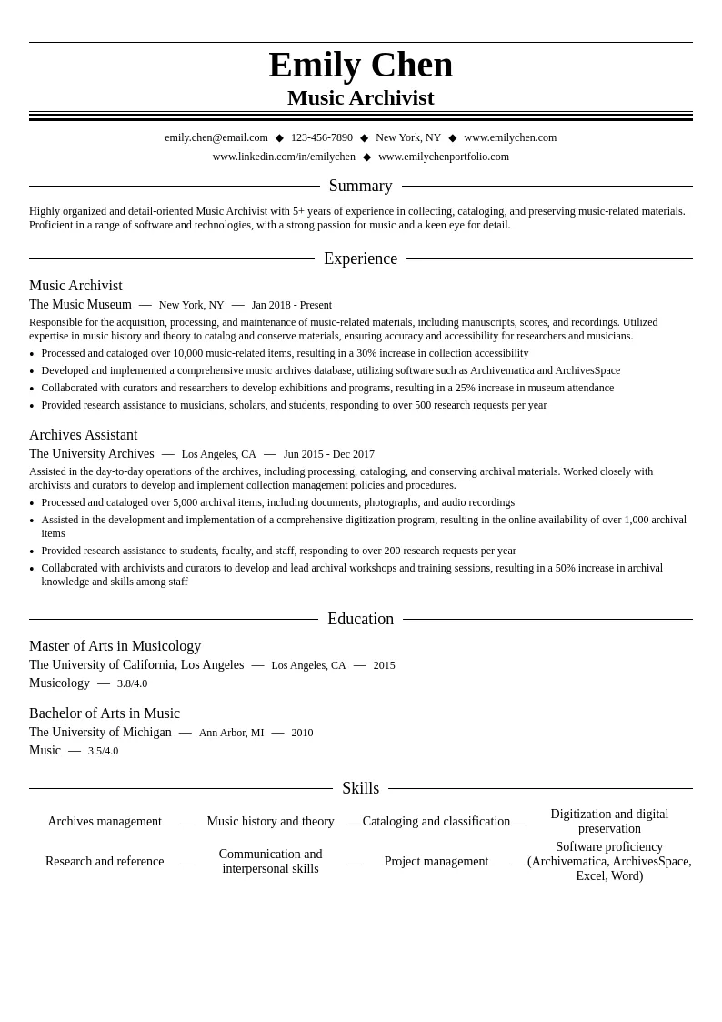 Music Archivist resume example