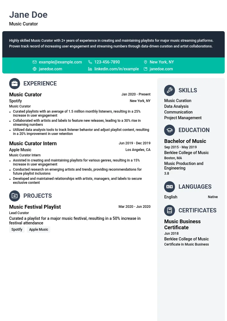 Music Curator resume example