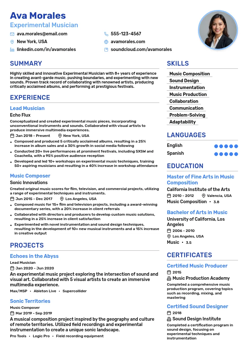Experimental Musician resume example