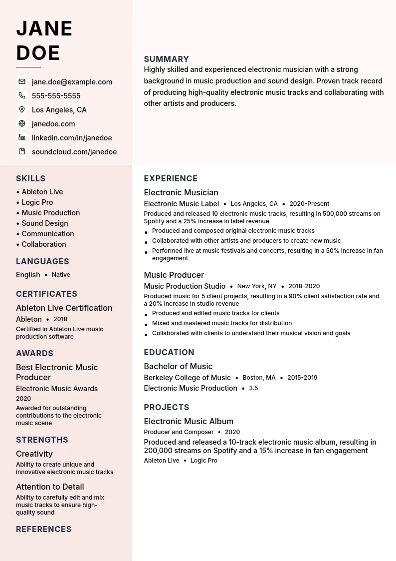 Electronic Musician resume example