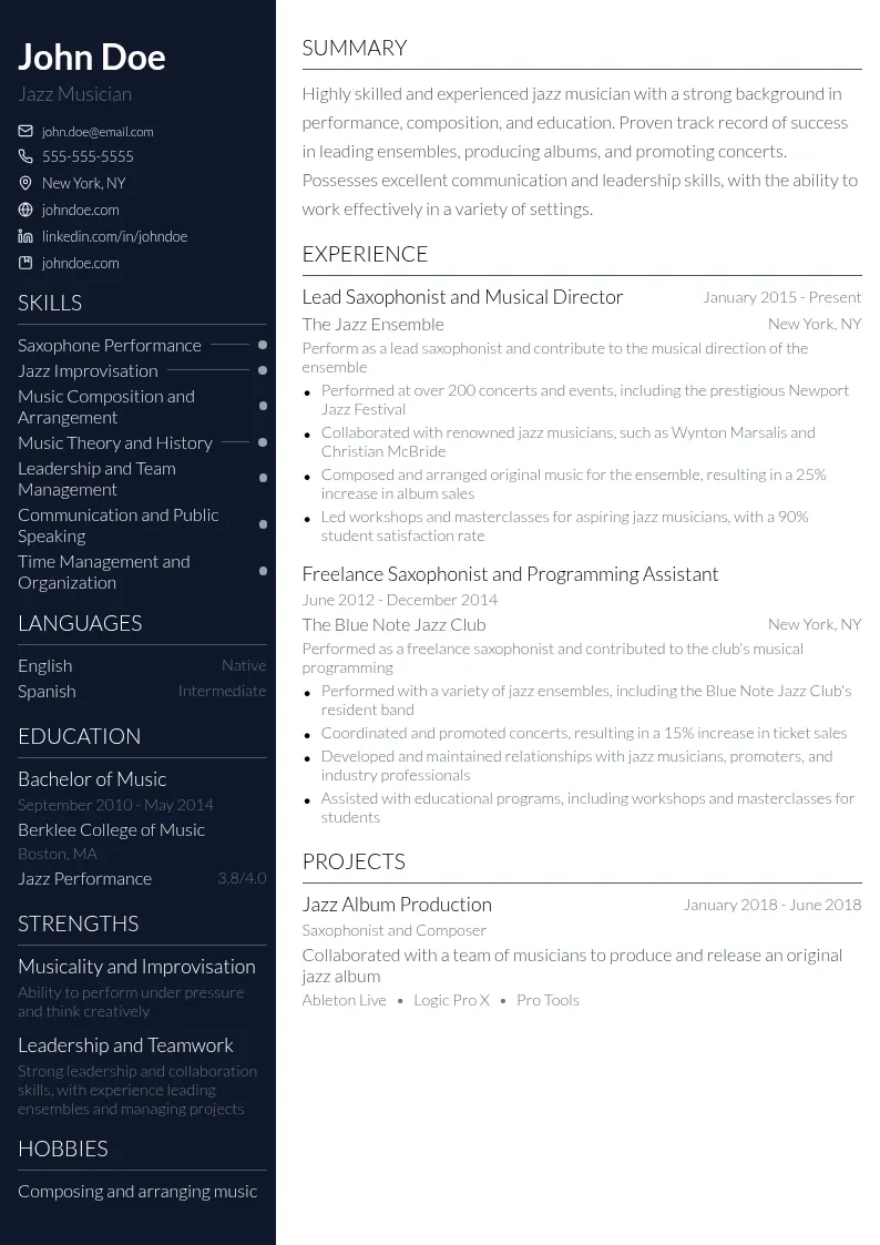 Jazz Musician resume example