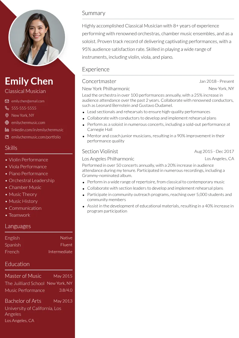 Classical Musician resume example