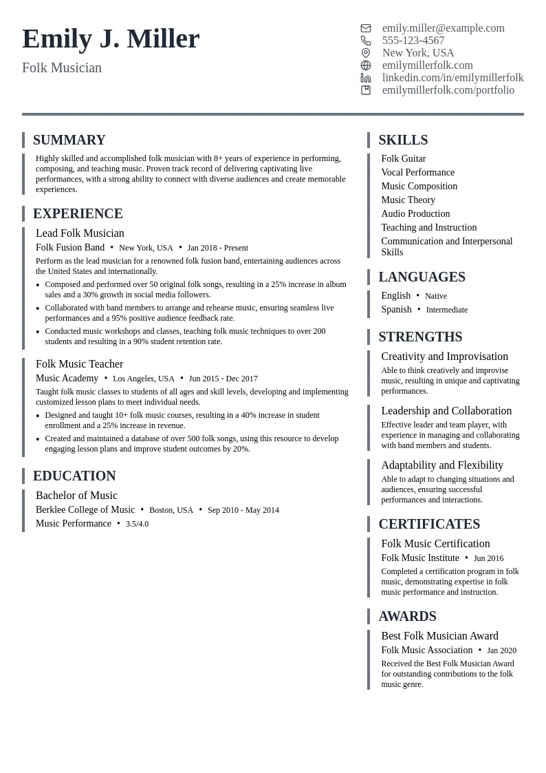 Folk Musician resume example