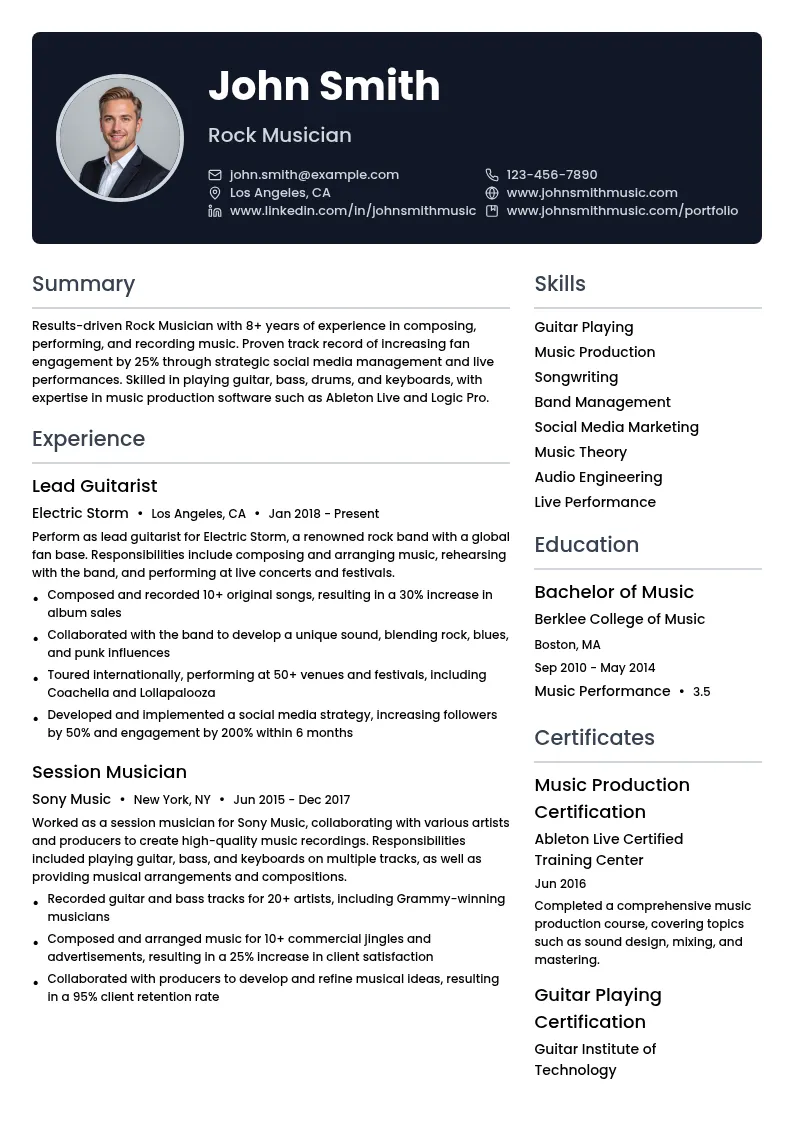 Rock Musician resume example