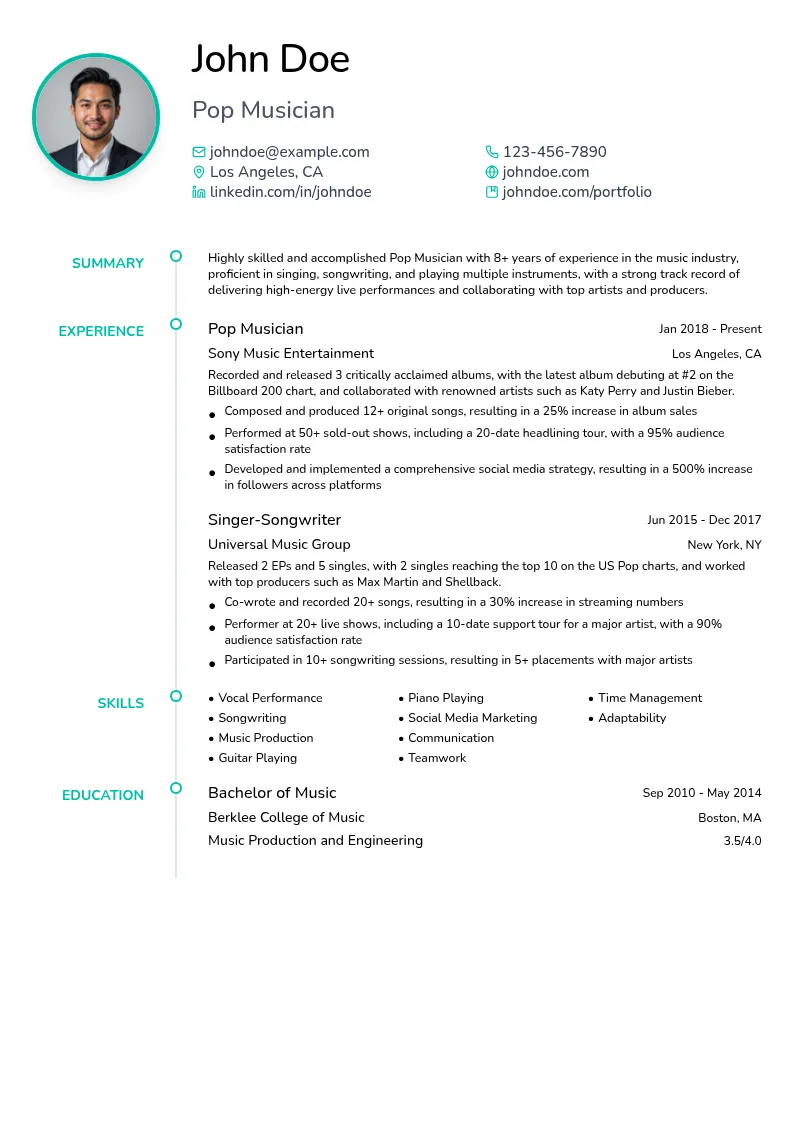Pop Musician resume example