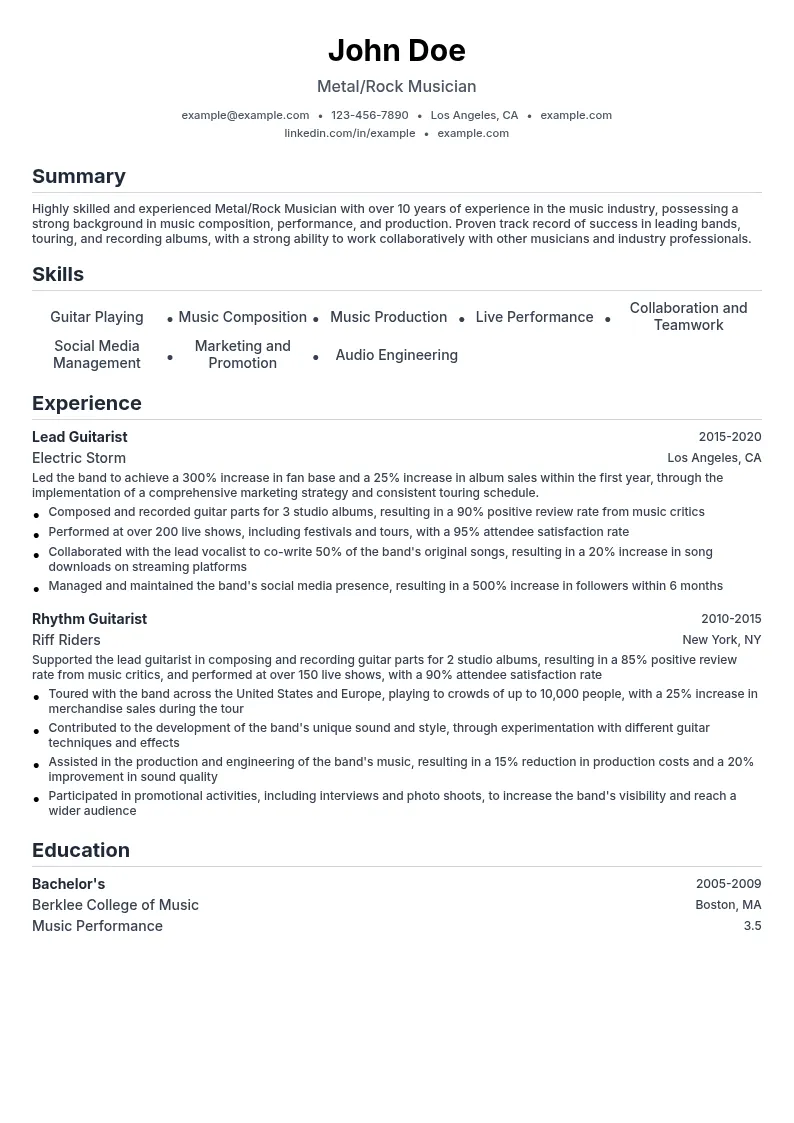 Metal/Rock Musician resume example