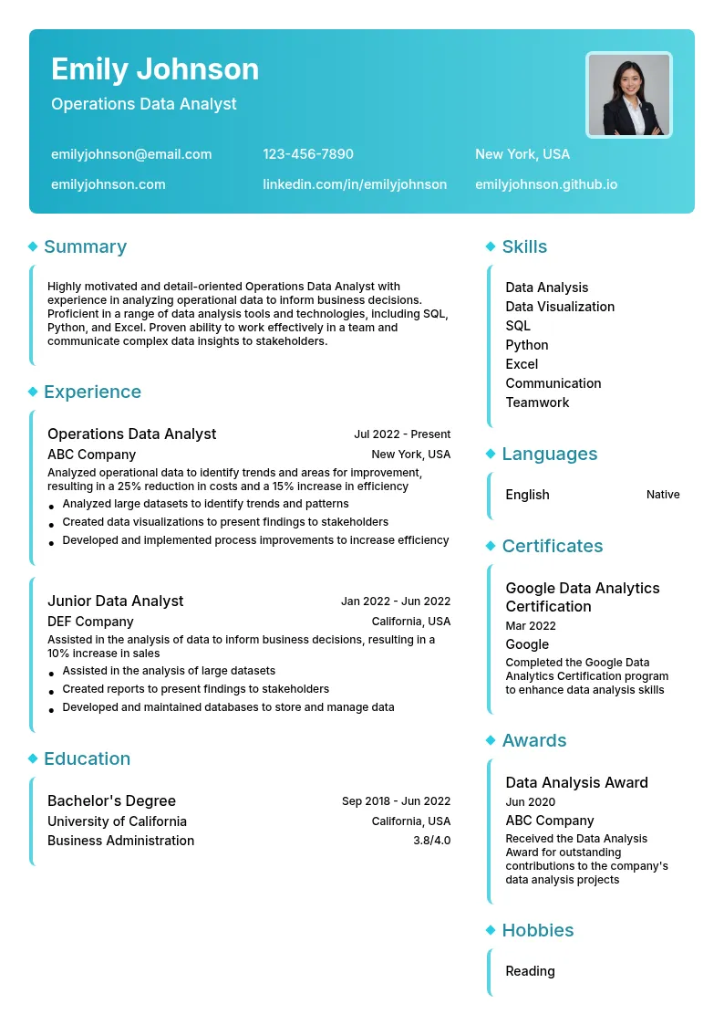 Operations Data Analyst resume example
