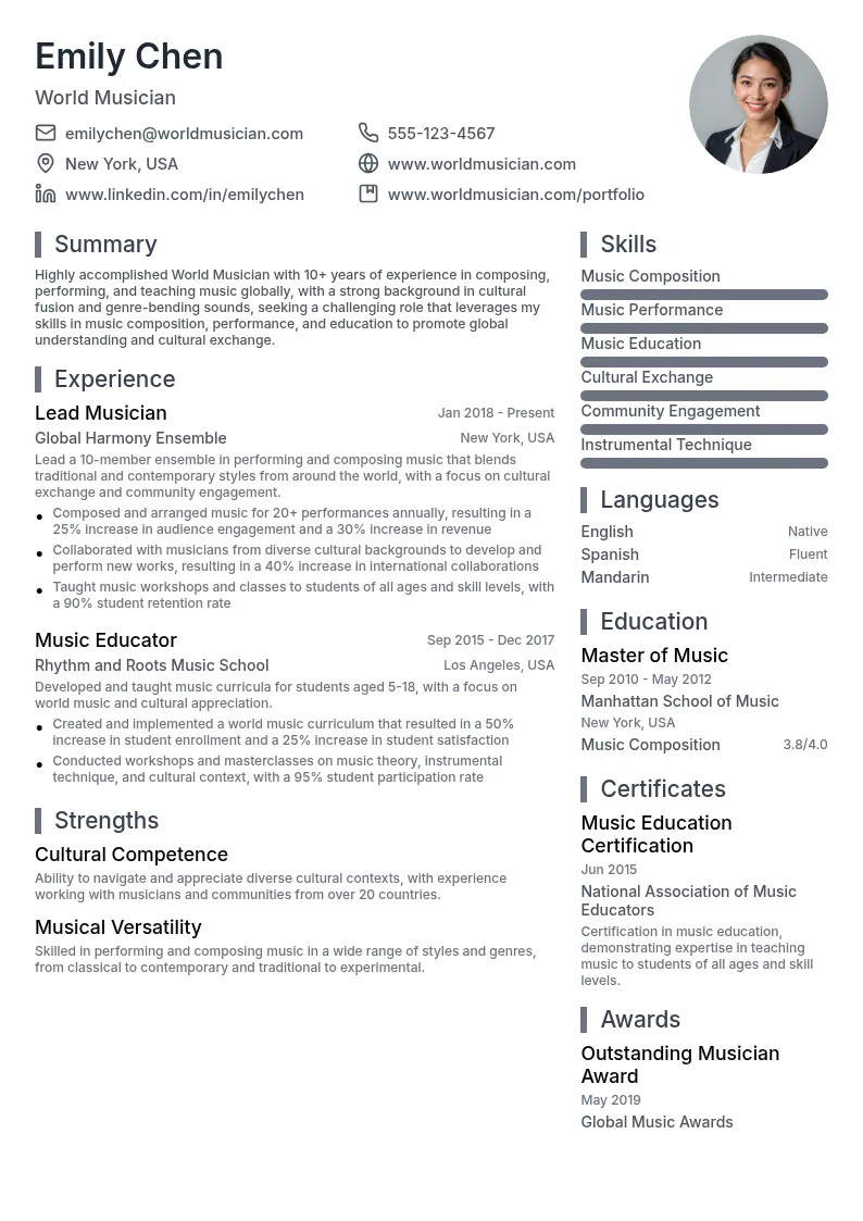World Musician resume example