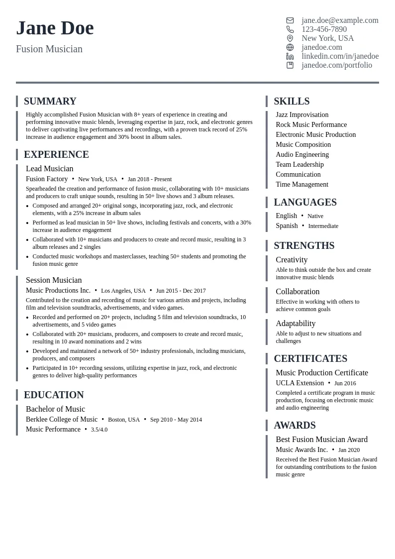 Fusion Musician resume example