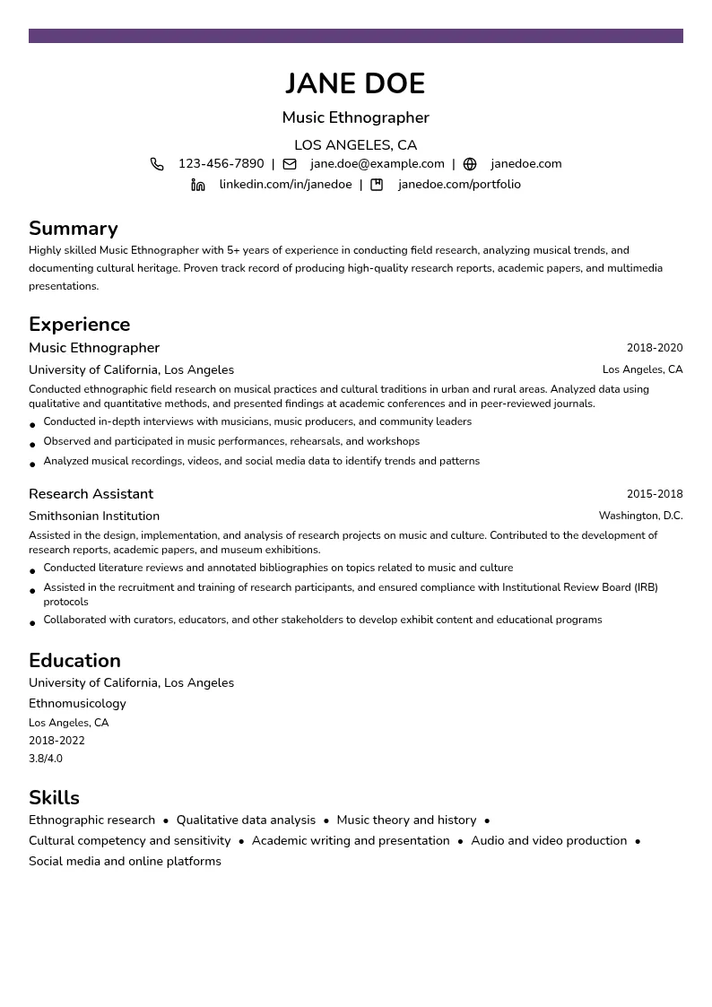 Music Ethnographer resume example