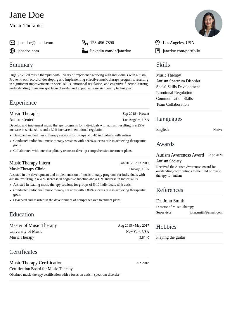 Music Therapist for autism resume example