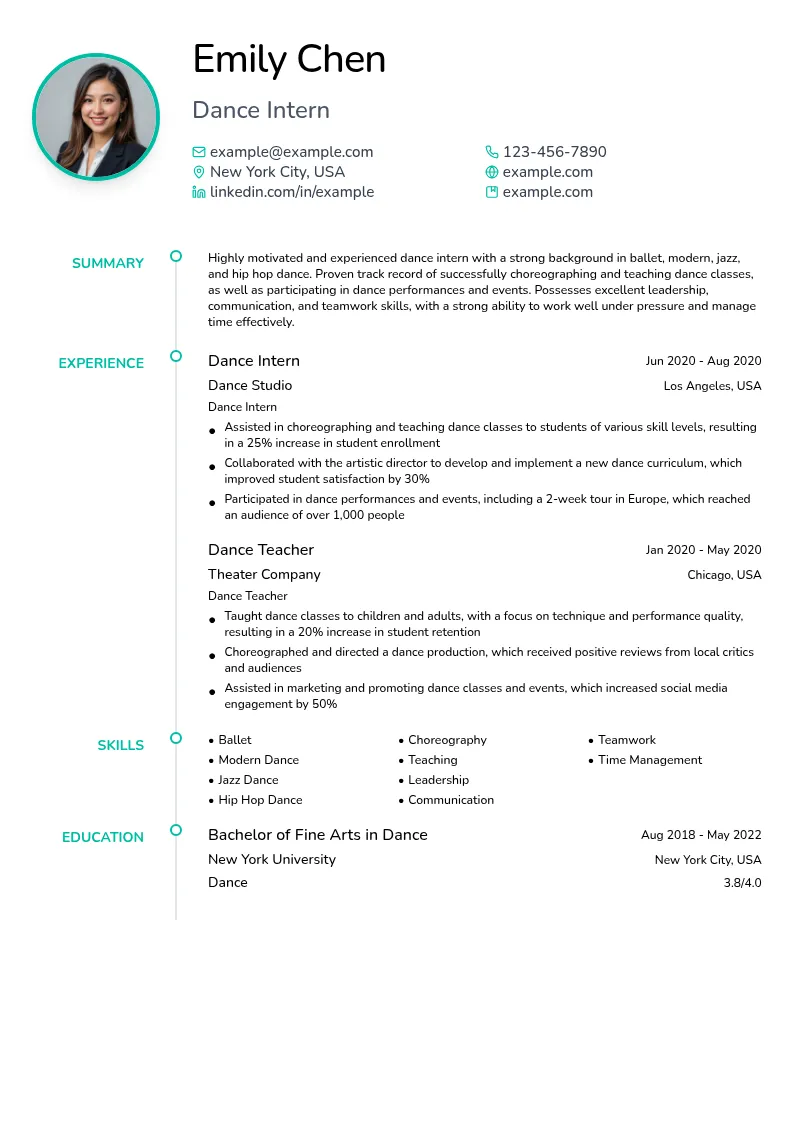 Dance Intern resume example