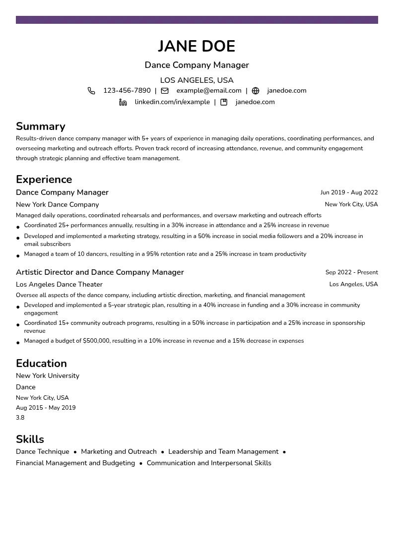Dance Company Manager resume example