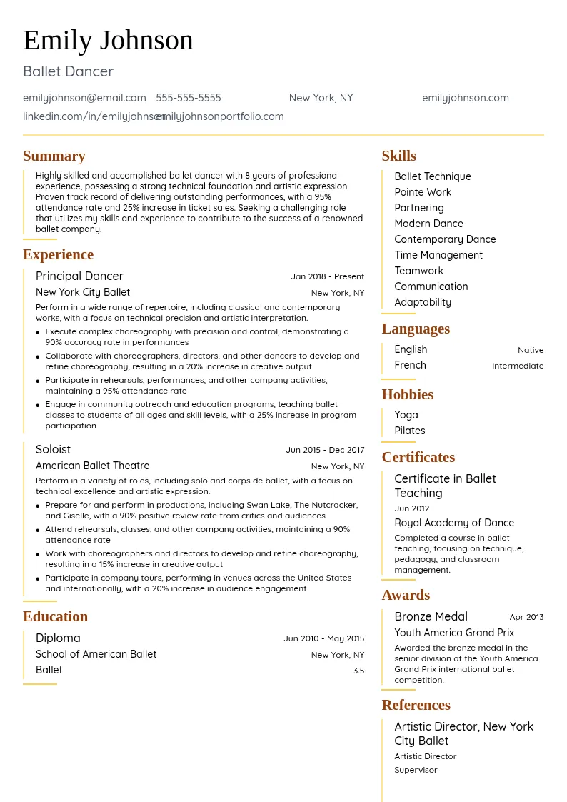 Ballet Dancer resume example