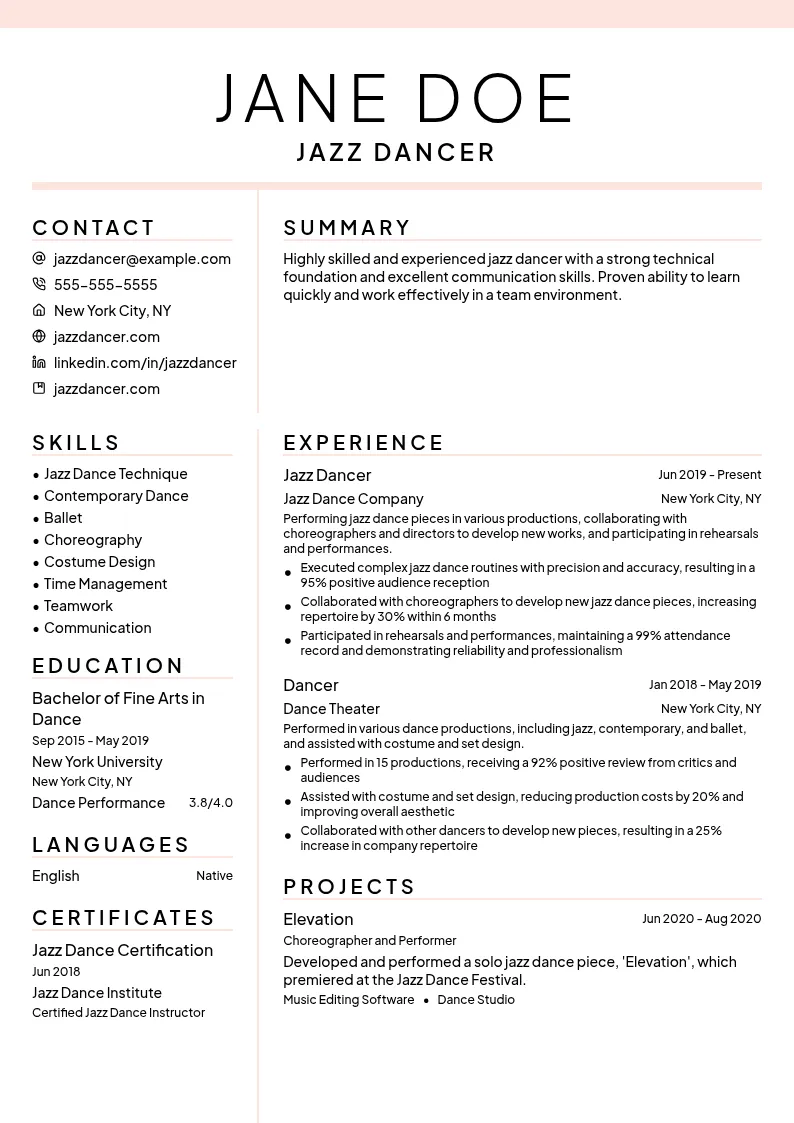 Jazz Dancer resume example