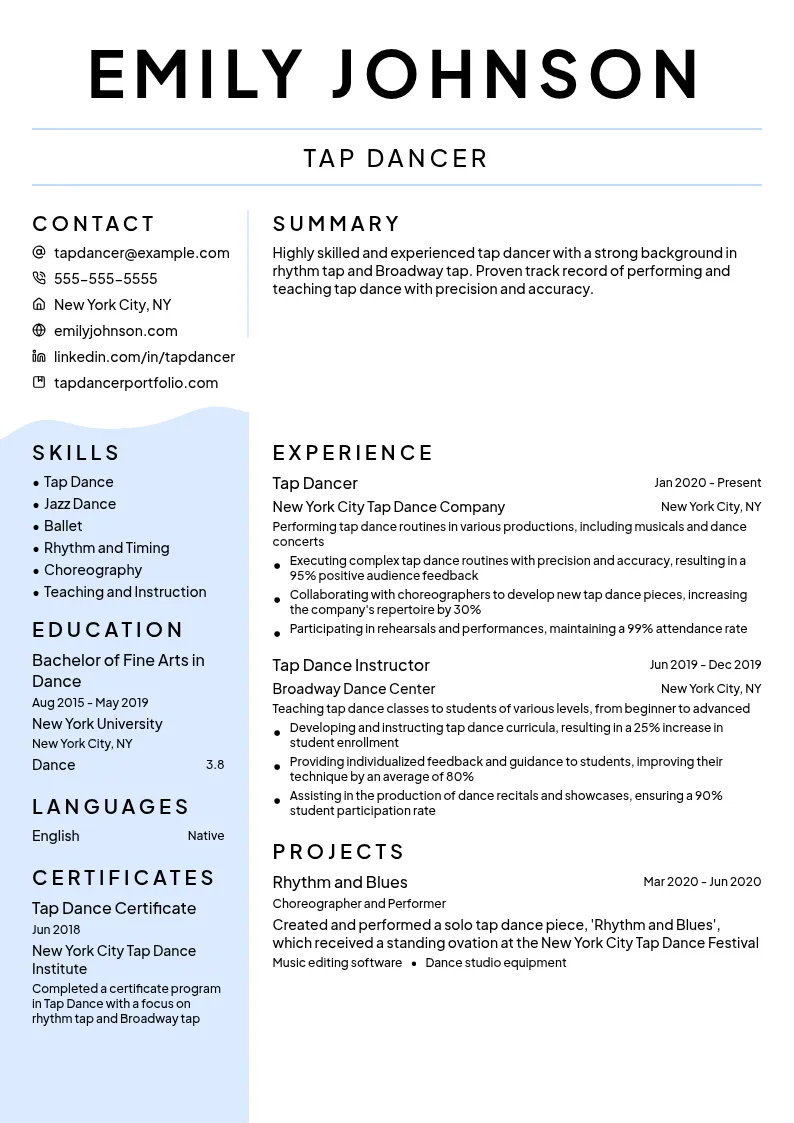 Tap Dancer resume example