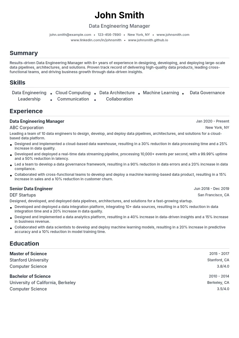 Data Engineering Manager resume example