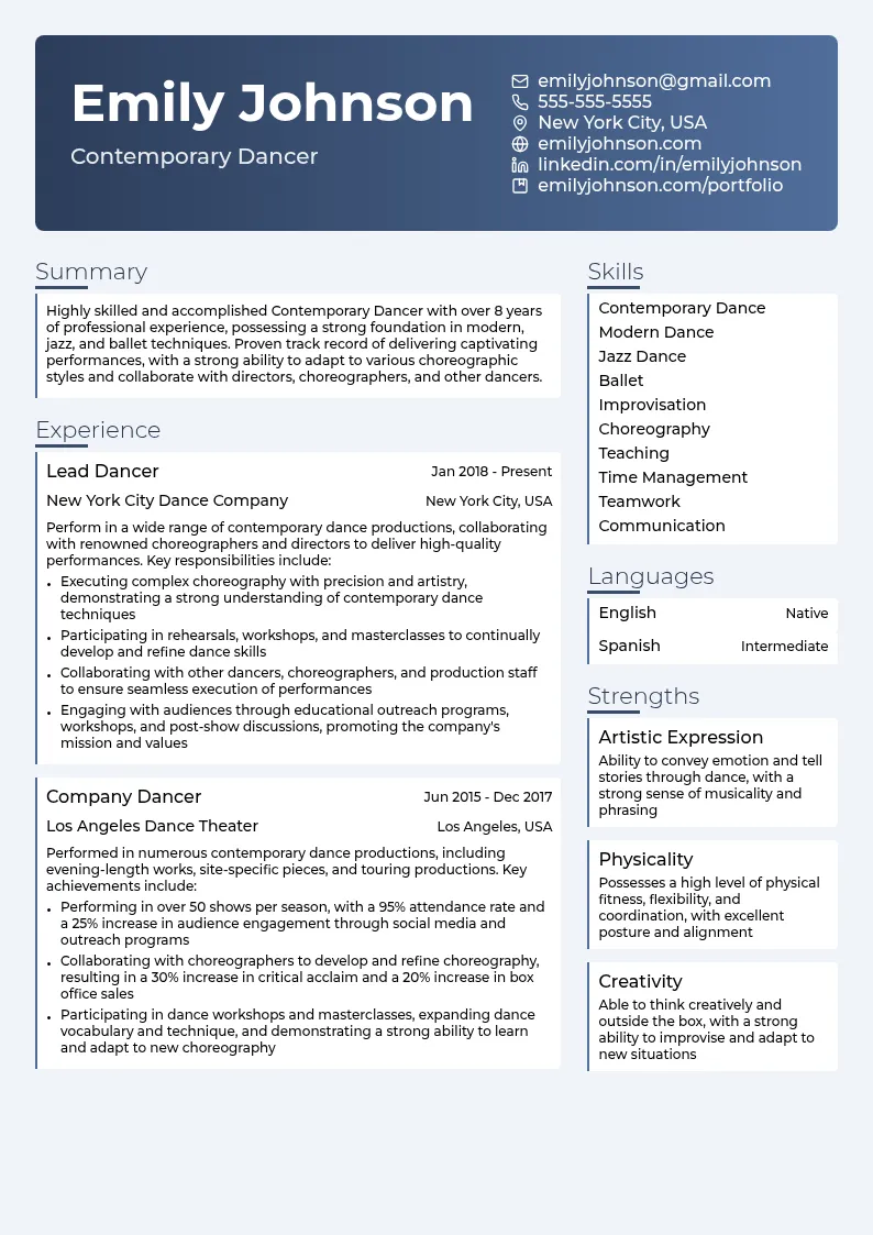 Contemporary Dancer resume example