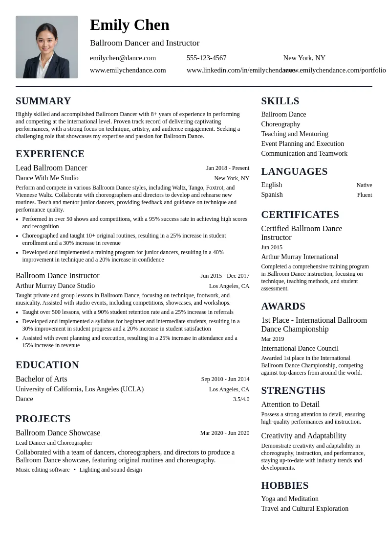 Ballroom Dancer resume example