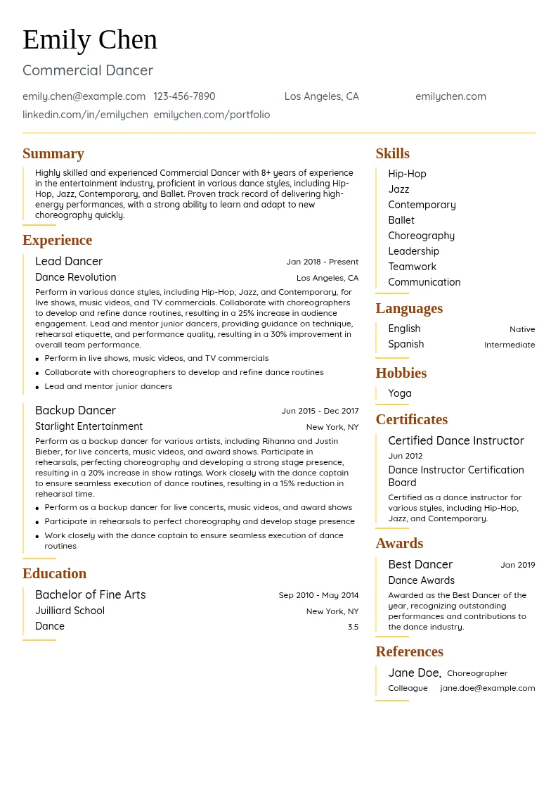 Commercial Dancer resume example