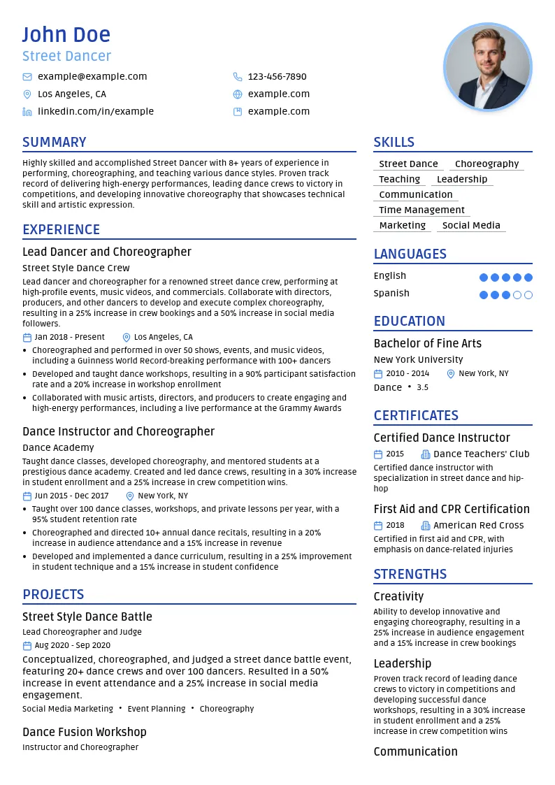 Street Dancer resume example