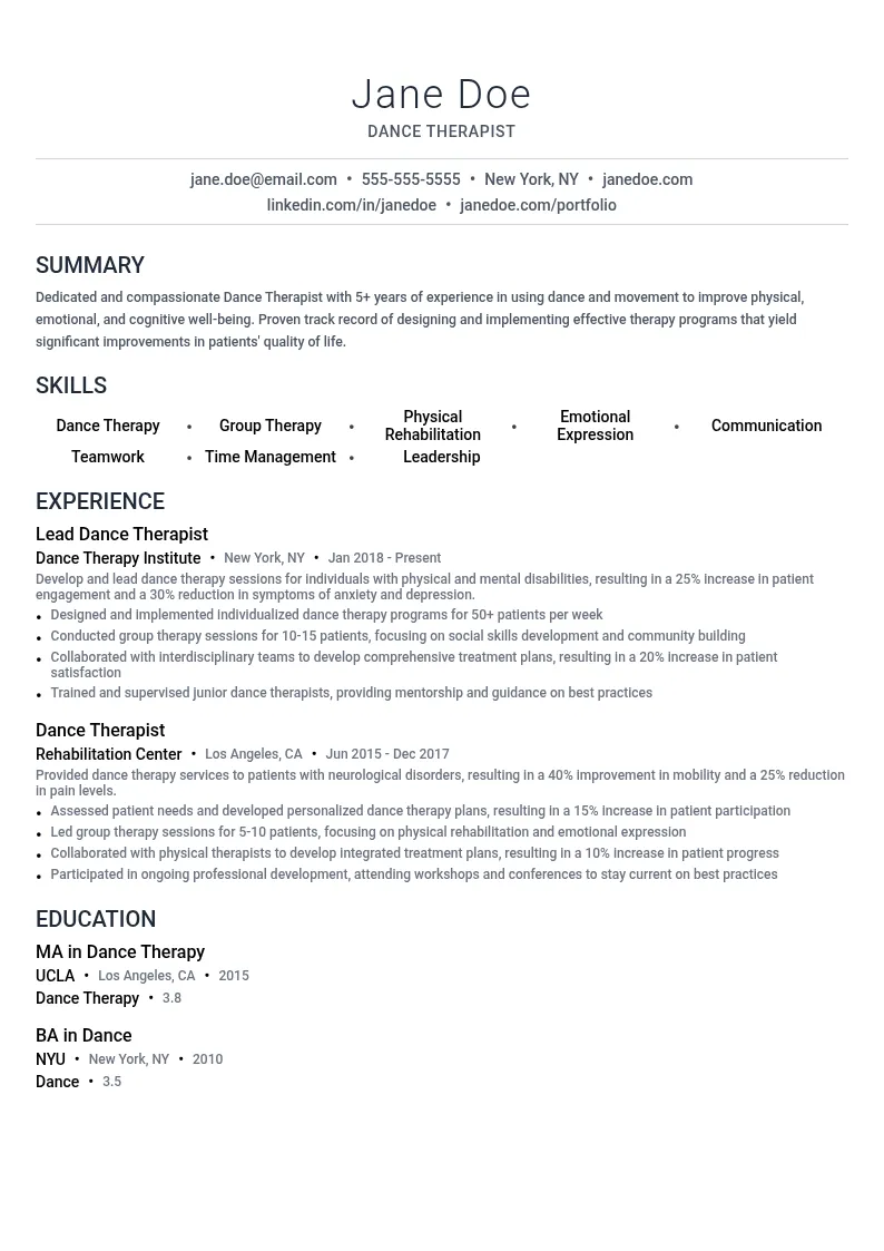 Dance Therapist resume example