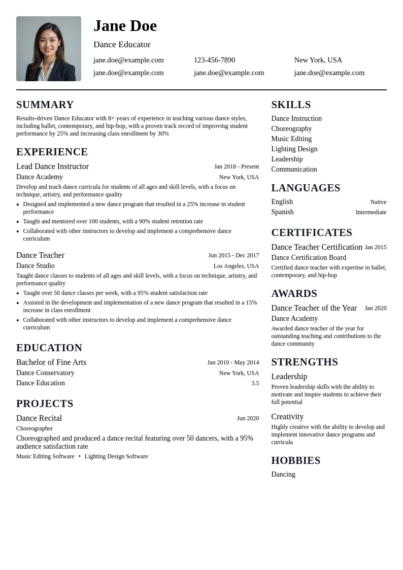 Dance Educator resume example