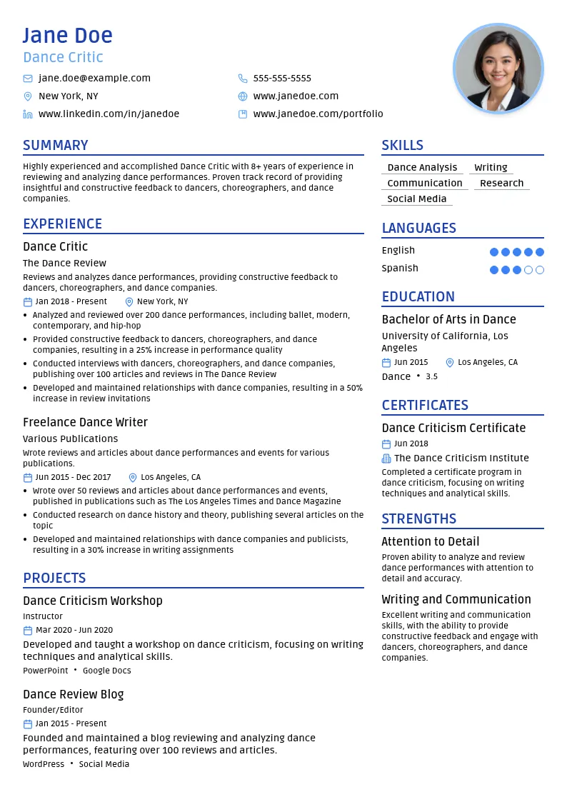 Dance Critic resume example