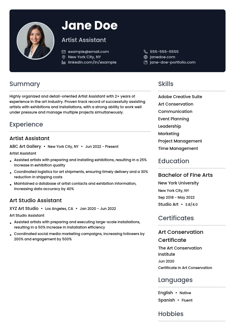 Artist Assistant resume example