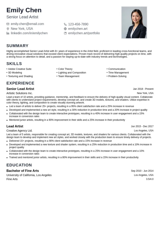 Senior Lead Artist resume example