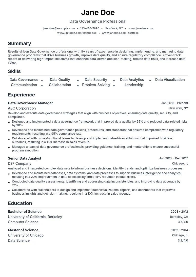 Data Governance resume example