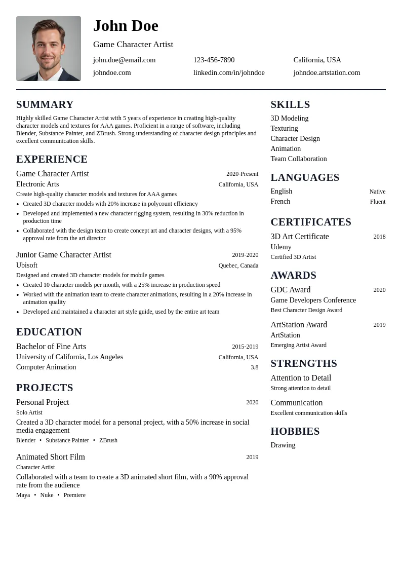 Game Character Artist resume example