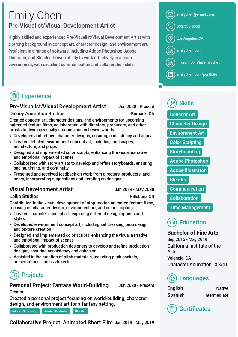 Pre-Visualist/Visual Development Artist resume example