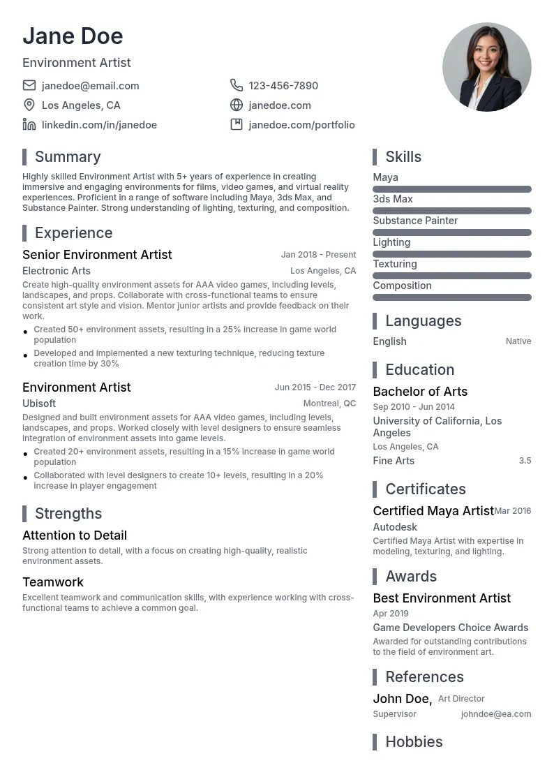 Environment Artist resume example