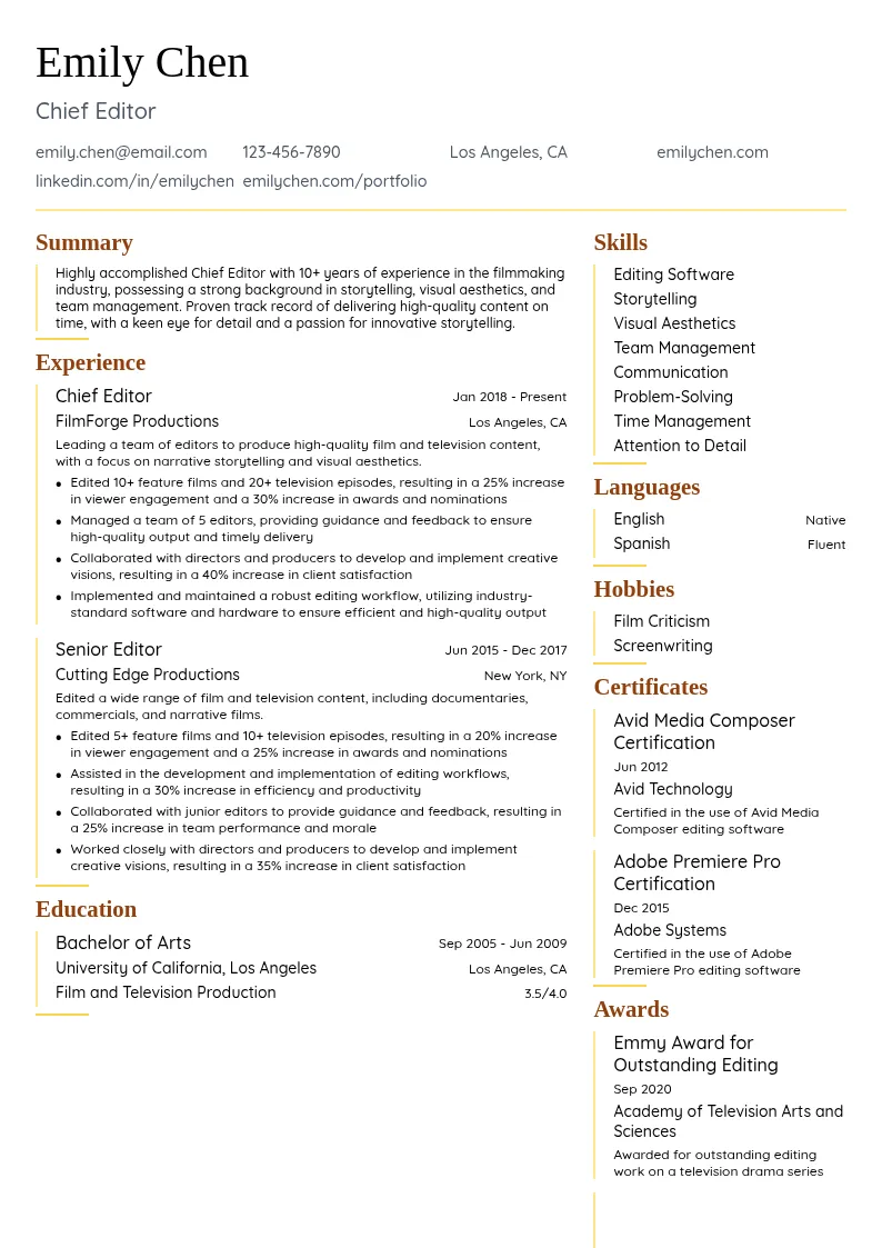 Chief Editor resume example