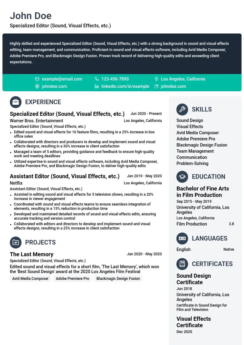 Specialized Editor (Sound, Visual Effects, etc.) resume example