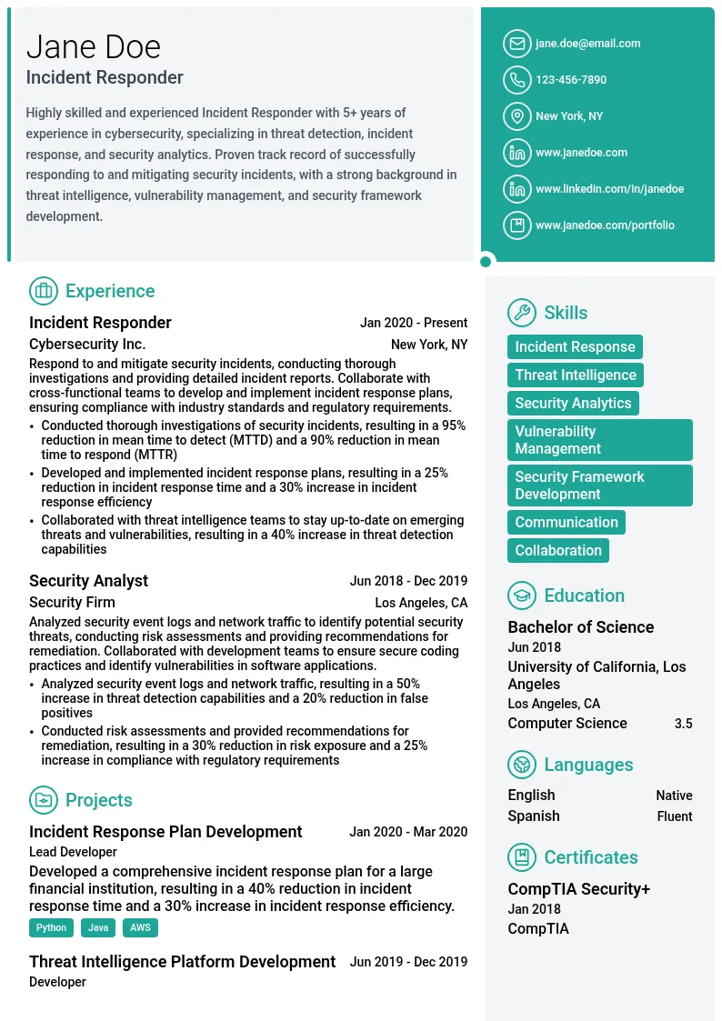 Incident Responder resume example