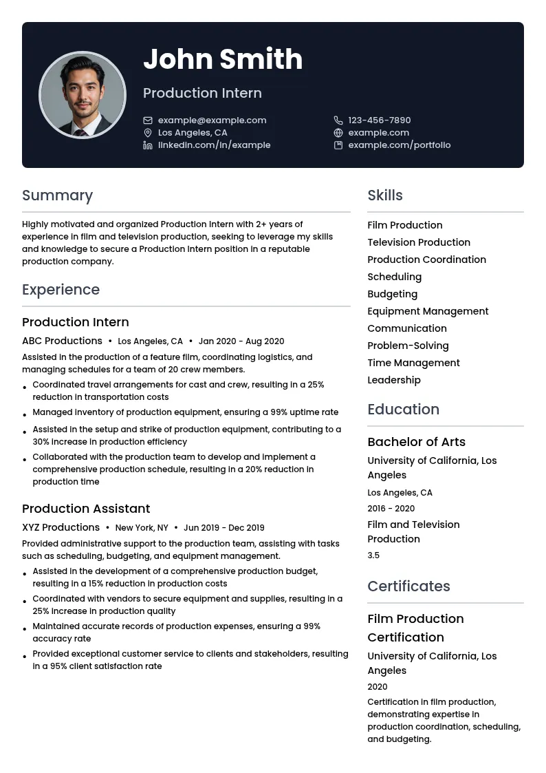 Production Intern resume example