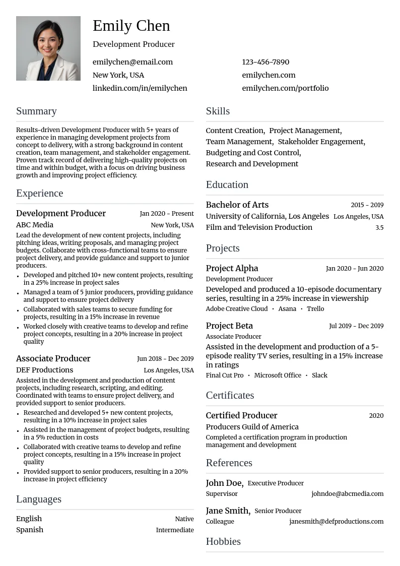 Development Producer resume example