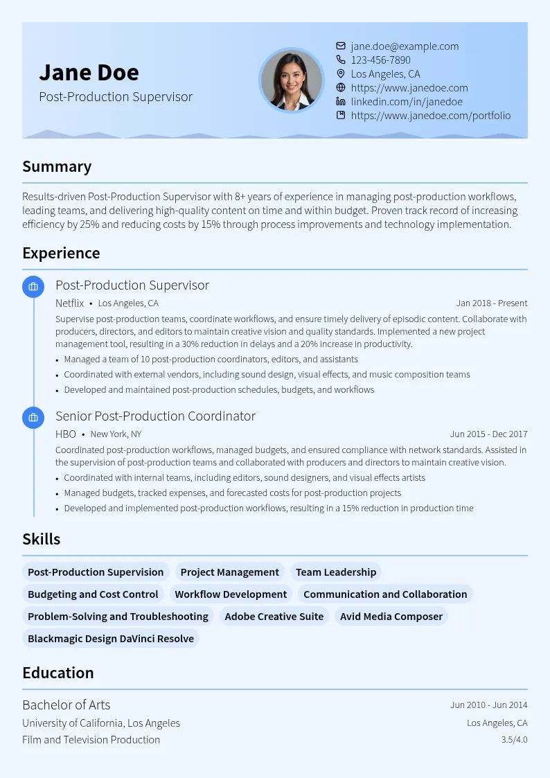 Post-Production Supervisor resume example