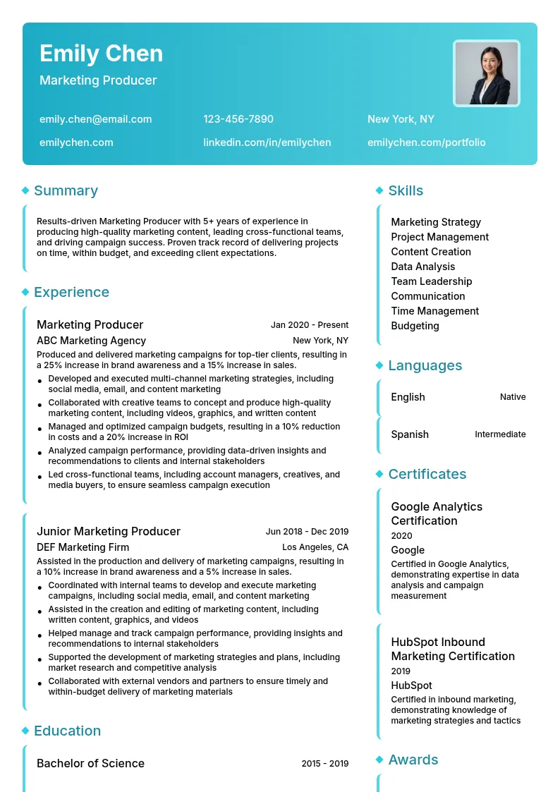 Marketing Producer resume example