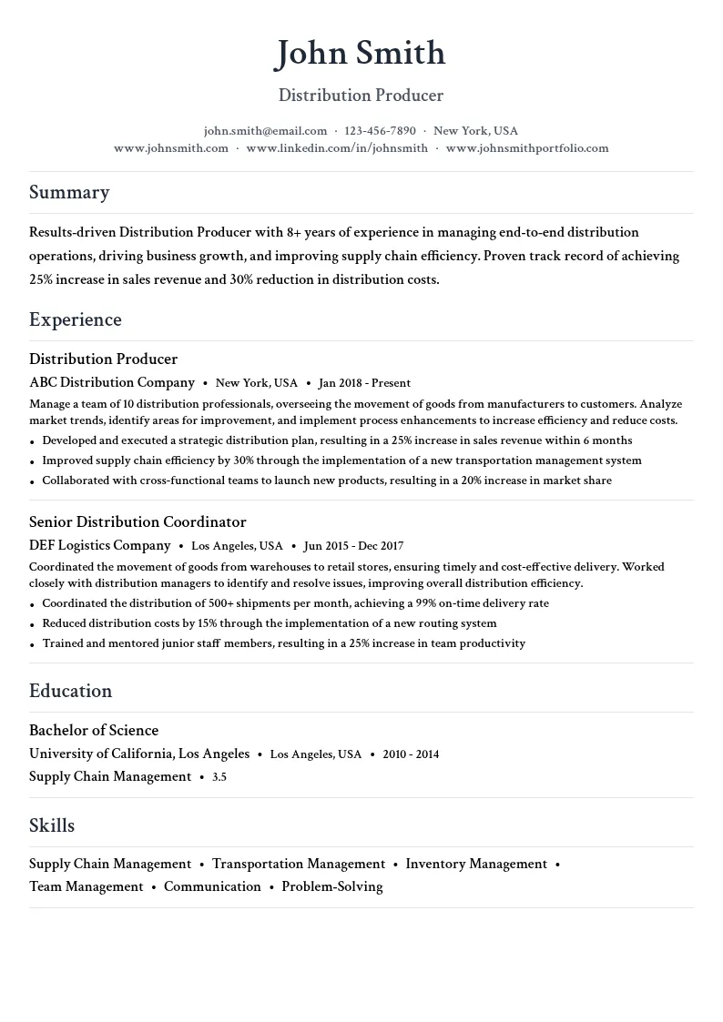 Distribution Producer resume example