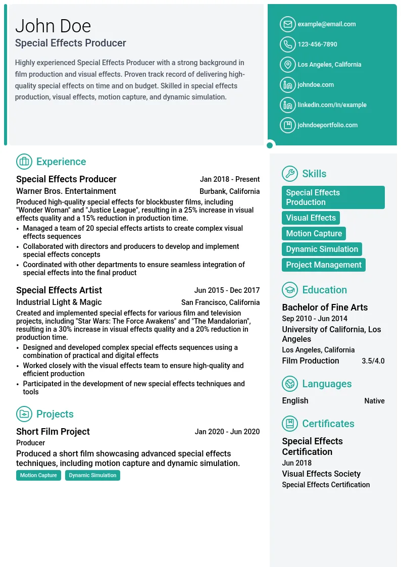Special Effects Producer resume example