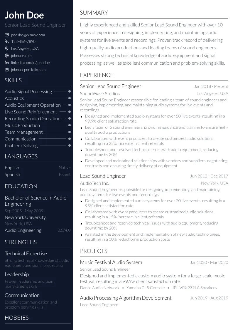 Senior Lead Sound Engineer resume example