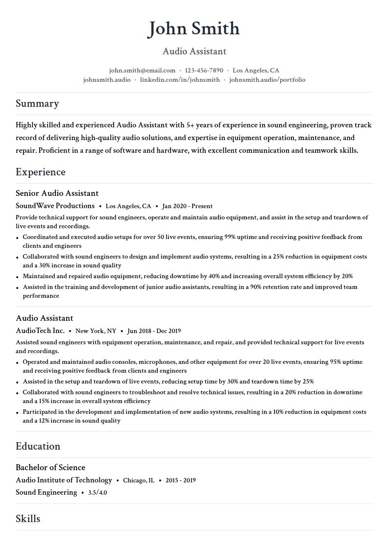 Audio Assistant resume example
