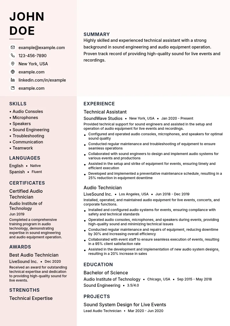 Technical Assistant resume example