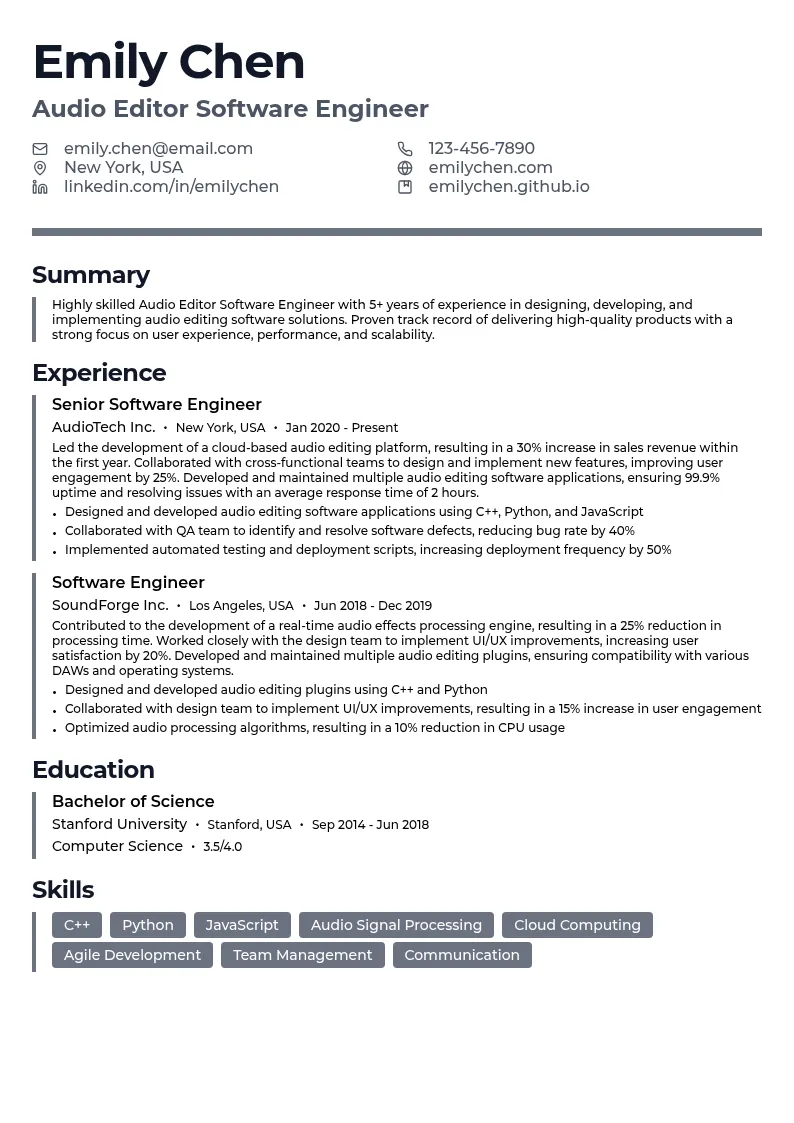 Audio Editor Software Engineer resume example